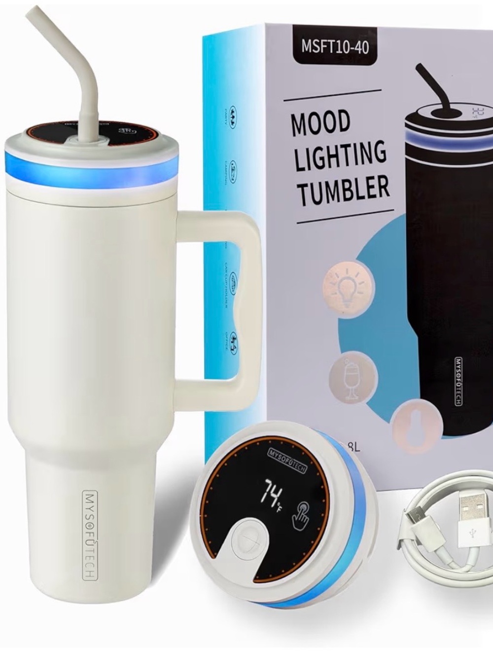 NEW! MYSOFUTECH Mood Lighting Tumbler - White with Blue Accent